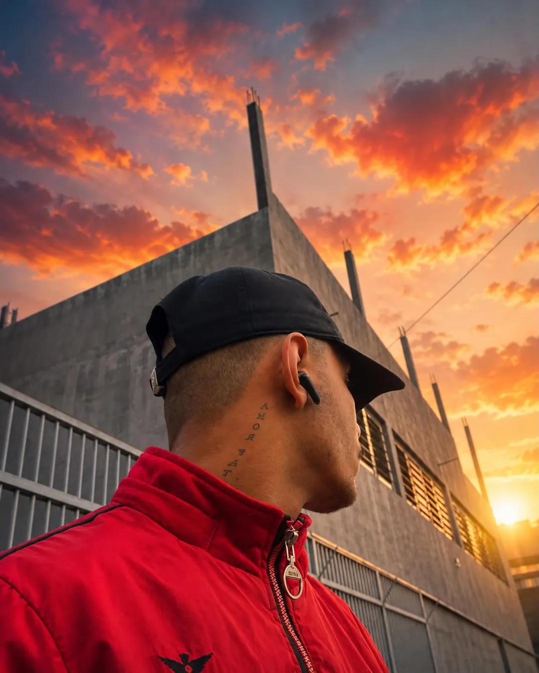 Anderson de jaqueta vermelha diante de um pôr do sol